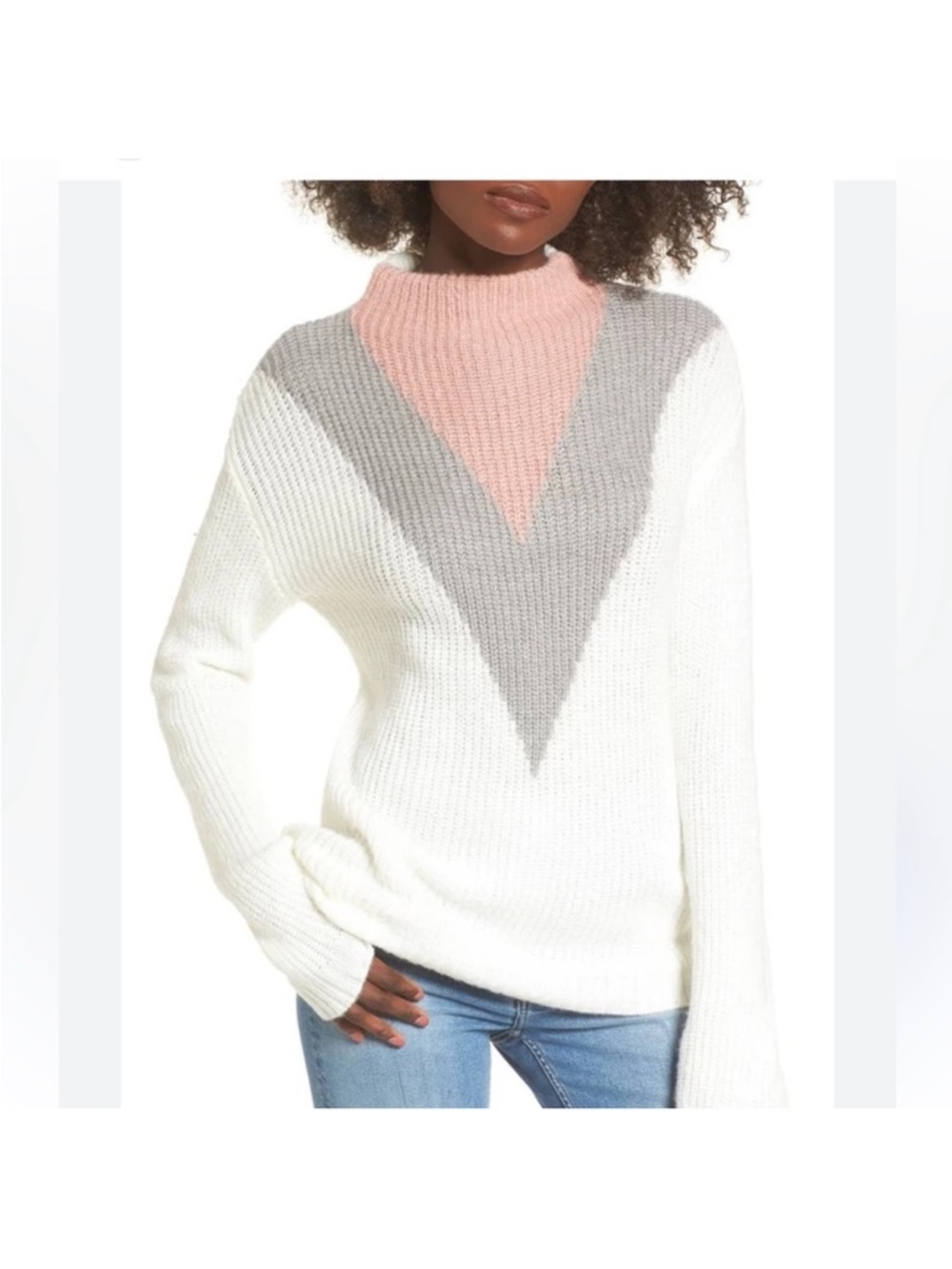Color Block Mock Neck Sweater Cream Pink Gray‎ Women’s Size M